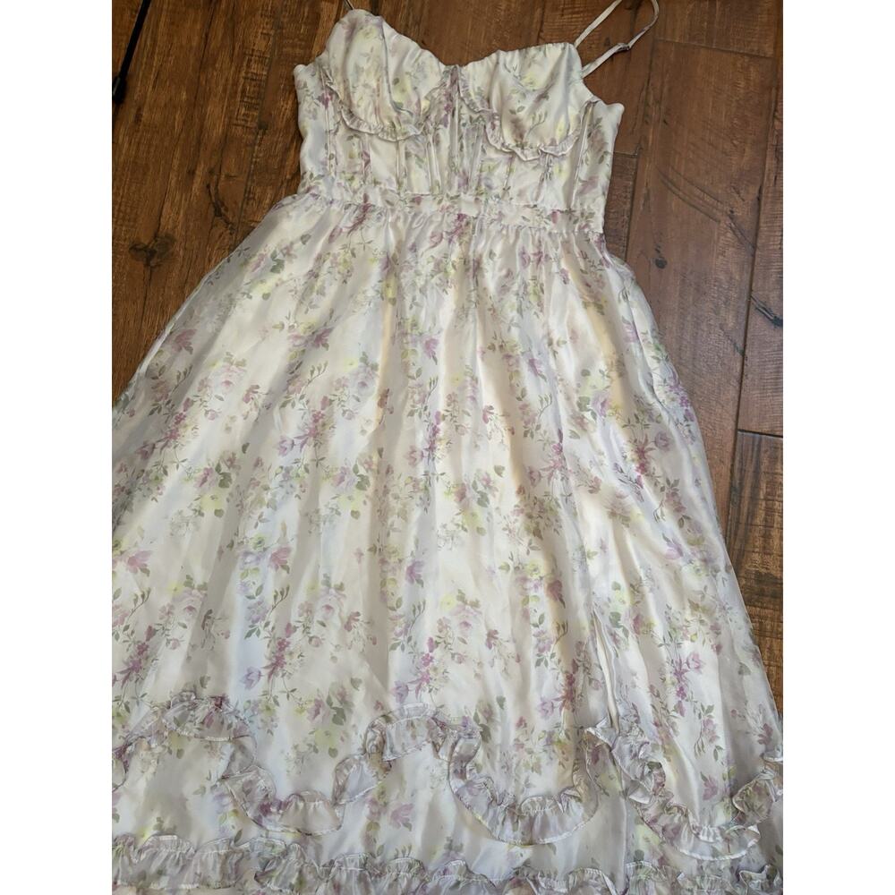 Altar'd State Floral Chiffon Maxi Dress Long Lace-Up Ruffle Womens Size L - Picture 3 of 8